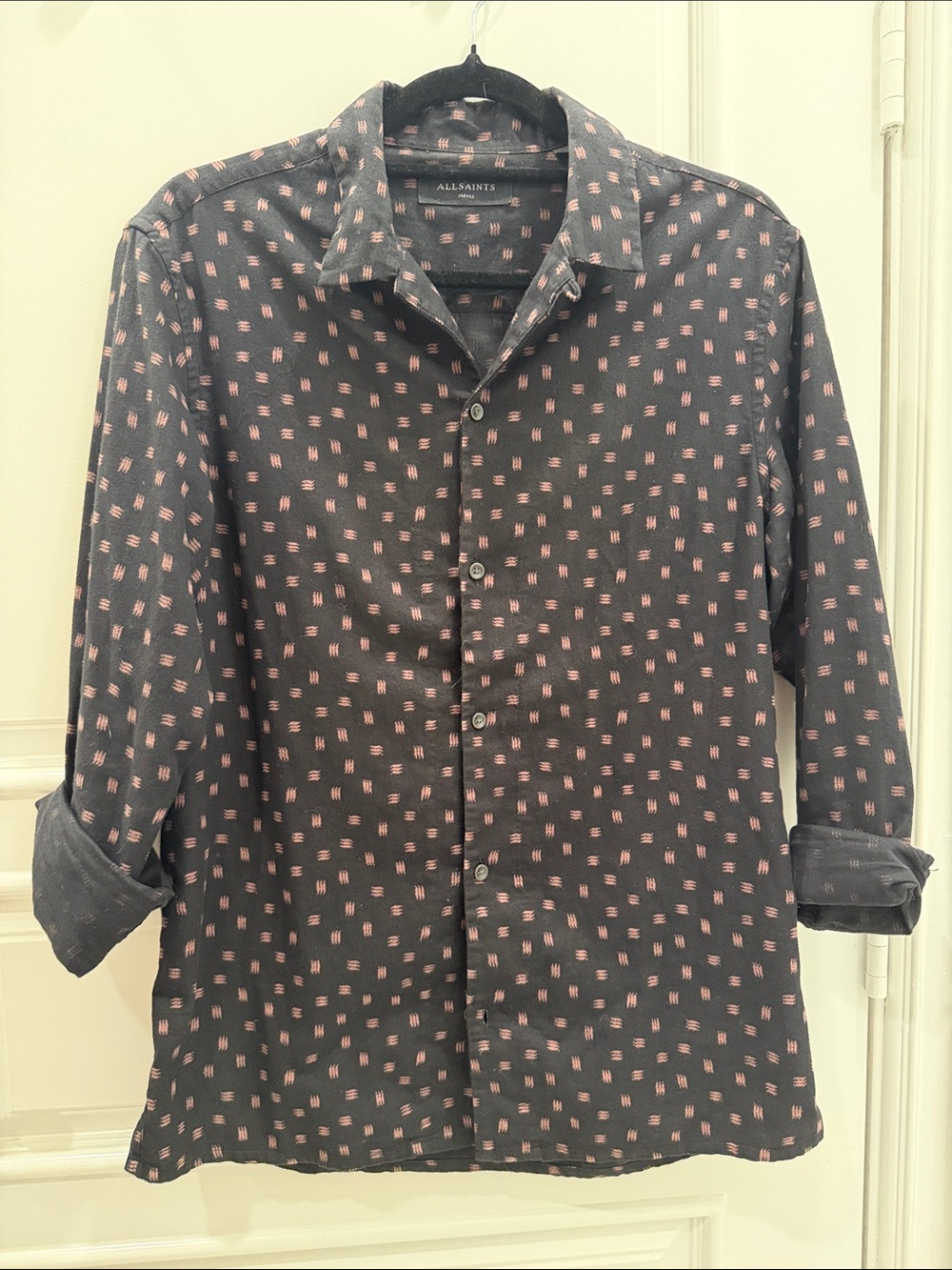 All Saints Men's Dark Blue Button-Down Shirt with Pink Micro Pattern